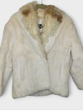 Vtg Niki Rabbit Fur Curly Lamb Collar Coat S White Cream
